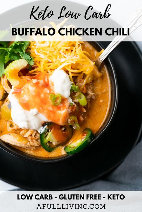 This Healthy Keto Buffalo Chicken Chili Recipe is a family favorite that can be ready in under an hour! Packed with tender, juicy chicken breast, simmered in a spicy, flavorful and creamy broth with Frank's Red Hot Sauce. There's plenty of vegetables snuck into this delicious chicken soup. A gluten free dinner that will be perfect for chilly nights. #KetoBuffaloChickenChili #BuffaloChickenChiliRecipe #BuffaloChickenChili #FranksRedHotSauce #EasyKetoRecipe Franks Red Hot Chicken And Potatoes, Keto Creamy Buffalo Chicken Soup, Low Carb Buffalo Chicken Soup, Healthy Buffalo Chicken Chili, Keto Chicken Chilli, Buffalo Chicken Soup Healthy, Keto Creamy Buffalo Chicken Enchilada Soup, Keto Buffalo Chicken Chili, Chicken Chili Without Beans