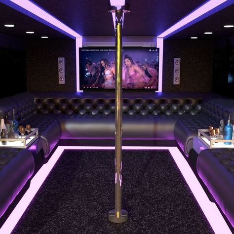 Limousine party with bar, sound system and pole dance. Png Wigs, Limousine Party, Repaint Imvu, Pole Room, Zepeto House Background, Imvu Backgrounds, Blender Scene, Club Furniture, House Background