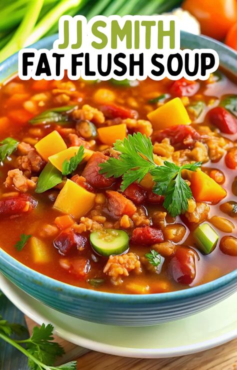 JJ Smith Fat Flush Soup Recipe - Wasian Cookery Broccoli Potato Soup Recipes, Fat Flush Soup, Low Calorie Soup Recipe, Low Fat Soups, Jj Smith, Fat Burning Soup, Low Calorie Soup, Healthy Soups, Fat Flush