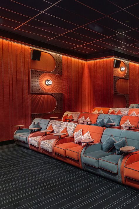 Everyman Cinema Interior, Cinema Wall Art, Art Deco Movie Theater, Boutique Cinema, Cinema Interior Design, Small Cinema Room, Everyman Cinema, Wes Anderson Decor, Cinema Interior