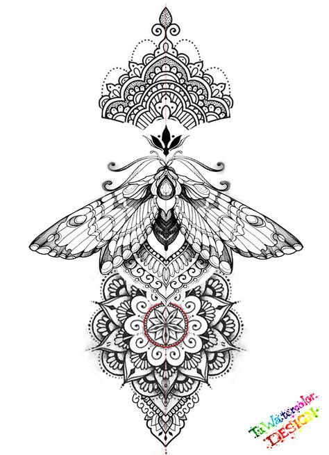 Long Mandala Tattoo Design, Viking Mandala, Mandela Tattoo Back, Mandala Moth Tattoo, Moth Mandala Tattoo, Moth Mandala, Mandala Back Tattoo, Witchy Moth Tattoo Ideas, Moth And Mandala Tattoo