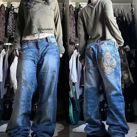 ★ y2k grunge cyber baggy jeans ★ 2000s rare... - Depop Baggy Hodge-podge Grunge, 2000s Baggy Jeans, Band Clothes, Dark Y2k, Jeans 2000s, Grunge Jeans, Bling Jeans, Band Outfits, Y2k Jeans