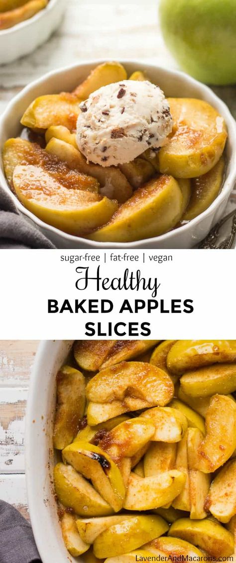 These Healthy Baked Apple Slices are super easy to make and delicious! Fat-free, processed-sugar free and gluten-free, this clean recipe makes a simple but yummy dessert that tastes great at any time of the year. Baked Apples Healthy, Simple Vegan Dessert, Quick Apple Dessert, Oven Baked Apple, Baked Apple Slices, Fat Free Recipes, Apple Slice Recipe, Lavender Macarons, Apple Recipes Healthy