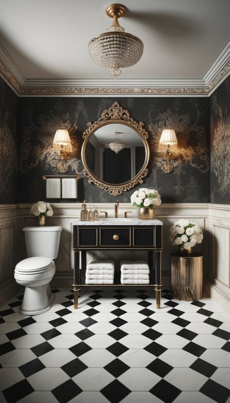 Transform Your Tiny Space: 21 Stunning Half Bath Decor Ideas You’ll Love! 🚿✨ Black And White Tile Floor Bathroom Interior Design, Black Counter Bathroom Decor, Gothic Half Bath, Black Victorian Bathroom, Wainscot Bathroom, Half Bath Decor Ideas, Bath Decor Ideas, Half Bath Decor, Wc Decoration