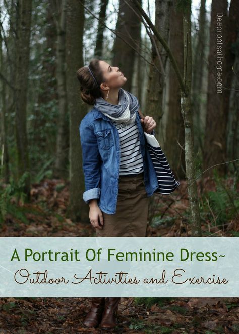 A Portrait Of Feminine Dress, Part 3 ~ Outdoor Activities and Exercise | Deep Roots at Home Modest Hiking Outfit, Outdoorsy Outfits, Wander Outfit, Outdoorsy Style, Modest Swimwear, Camping Outfits, Feminine Dress, Feminine Outfit, Hiking Outfit