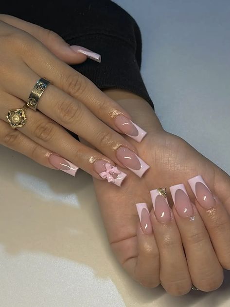 Long Nail French Tip, Pink Nails With Pink French Tip, Med Nail Designs, Acrylic Nails February, Coquette Valentines Nails, Pink Square Nails Design, Pretty Pink Nails Acrylic, Roblox Nails, Pink French Tip Nails With Design