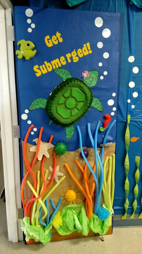 Aquarium Door Decoration, Ocean Theme School Decorations, Turtle Door Decorations Classroom, Turtle Classroom Door, Beach Theme Door Decorations Classroom, Sea Turtle Classroom Decor, Beach Theme Classroom Door, Ocean Classroom Door Ideas, Sea Classroom Door