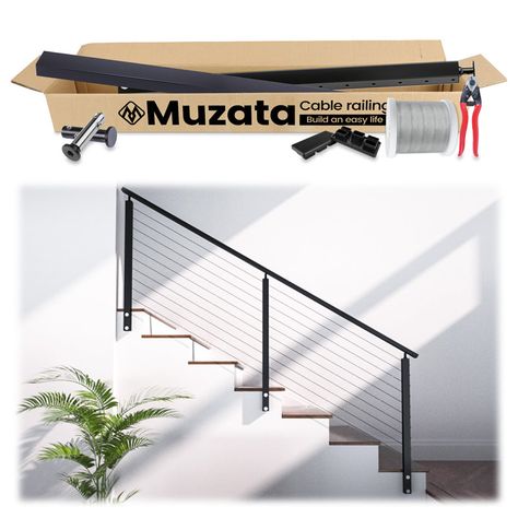 Muzata 6.5ft Stair Cable Railing System Complete Set, One Stop Service Side Mounted Stair Railing, Interior Cable Stair Railing, Muzata Cable Railing, Cable Stair Railing, Stair Railing Makeover, Aluminum Balusters, Industrial Stairs, Aluminum Handrail, Stairs Renovation