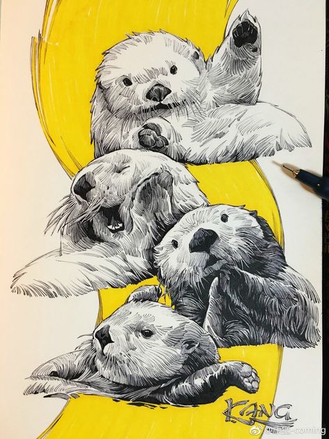 ArtStation - ~Handdrawn~, KANG MENG Kang Meng, Otter Sketch, Otter Illustration, Sea Otter, Arte Sketchbook, Animal Sketches, Sketchbook Inspiration, Cute Animal Drawings, A Drawing