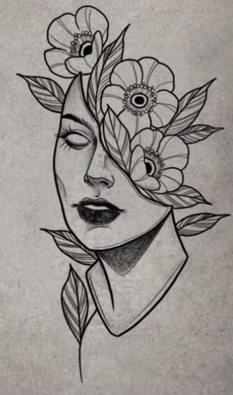 Flower Mask Drawing, Anatomical Sketches Art Drawings, Half Face Half Flower Drawing, Sketsa Flora Simple, Mask Drawing Sketches, Realism Tattoo Stencil, Floral Skull Tattoos, Optical Illusion Tattoos, Illusion Tattoos