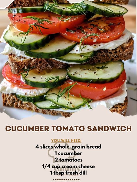 🥒🍅 A refreshing, crisp sandwich packed with flavor! #CucumberTomatoSandwich #FreshBites 🍽️ Cucumber Tomato Sandwich 🛒 Ingredients: 4 slices whole-grain bread 1 cucumber, sliced 2 tomatoes, sliced 1/4 cup cream cheese 1 tbsp fresh dill, chopped Salt & pepper to taste 👩‍🍳 Instructions: Prepare Spread: In a bowl, mix cream cheese, dill, salt, and pepper. Assemble Sandwiches: Spread cream cheese mixture on each slice of bread. Layer cucumber and tomato slices. Serve & Enjoy: Cut sandwiches in... Crisp Sandwich, Dill Salt, Sandwich Cream, Cucumber And Tomato, Grain Bread, Deli Sandwiches, Sandwich Ingredients, Tomato Sandwich, Cucumber Tomato