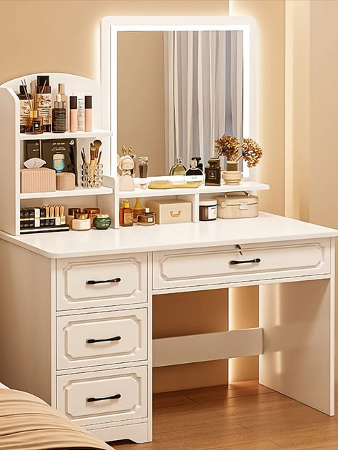 The vanity mirror with lights and table set creates a personal style space for you. Covering an area of ​​less than one square meter, the small corner can also have its own makeup space, this makeup dressing table is the best gift for women    girls bedroom, vanity table, white vanity, dressing table ideas, malm dressing table, bedroom dressing table, corner dressing table, small dressing table, small dressing table, diy dressing table, bedroom inspo, cozy bedroom, neutral bedroom decor Small Vanity Ideas Bedroom, Diy Dressing Tables, Dressing Table Ideas, Corner Dressing Table, Girls Dressing Table, Dressing Table Lights, Bedroom Vanity Set, Small Dressing Table, Mirrored Vanity Table