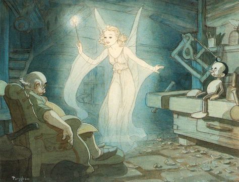 Disney "Pinocchio" 1940 concept art of the blue fairy by Gustaf Tenggren Concept Art Disney, Animation Disney, Film Disney, Disney Concept Art, Walt Disney Animation, Blue Fairy, Art Disney, Visual Development, Pinocchio