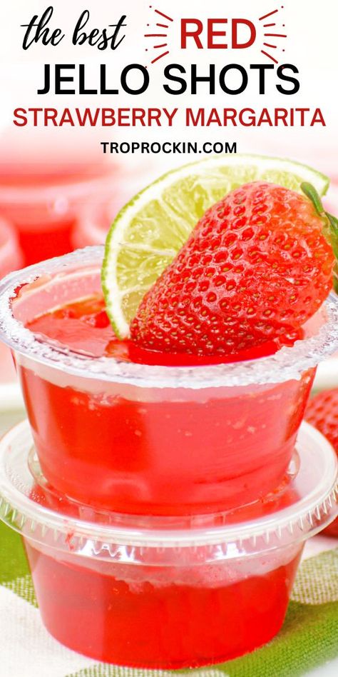 Jello Shots Strawberry, Red Jello Shots, Jello Shooters Recipe, Red Food Party, Shot Glass Desserts Recipes, Tequila Jello Shots, Strawberry Margarita Jello Shots, Rum Jello Shots, Strawberry Jello Shots