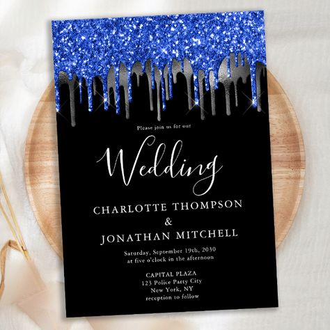 Elegant Black Blue Silver Glitter Drips Wedding Invitation https://www.zazzle.com/elegant_black_blue_silver_glitter_drips_wedding_invitation-256430478897403049?rf=238253331811171847&tc=pthao Royal Blue And Black Wedding Theme, Royal Blue And Silver Wedding Theme, Law Enforcement Wedding, Blue Silver Weddings, Blue Wedding Stationery, Mums Wedding, Gold Save The Dates, Wedding Postcard, Royal Blue Wedding