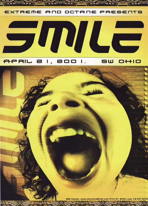 2001 Rave Poster, Rave Poster Design, Mania Aesthetic, Rave Poster, Smile Poster, 2000 Era, Clout Collection, April 21, Radiohead