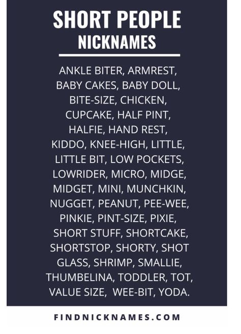 Cool, Popular and creative nicknames for short people. Need a nickname for someone short? Check out our list Nicknames For Short Friends, Mean Names To Call People Funny, Names To Call Tall People, Nicknames For Short Girlfriends, Things To Call Short People, Mean Names To Call People, Nicknames For Tall People, Funny Nicknames For Friends Hilarious, Nicknames For Short People