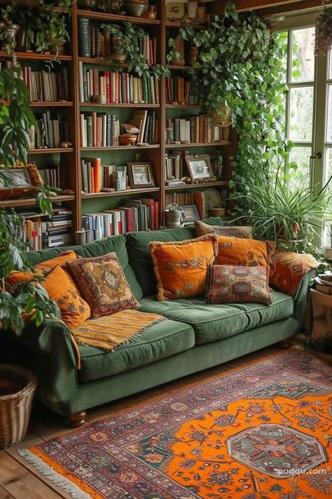 Rustic Lounge Room Ideas, Boho Lounge Decor, Green Couch Cozy Living Room, Living Room With Bookcase Wall, Cozy Cottage Aesthetic Living Room, Lounge Decor Green, Cozy Cottage Library, Cottage Lounge Room, Lounge With Plants