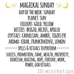 Magickal Sunday ���🌙 Here are correspondences and best spells to do on a Sunday! Wicca Witchcraft, Witch Spell, Baby Witch, Modern Witch, Spells Witchcraft, Witchy Vibes, Day Of The Week, Spell Book, Book Of Shadows