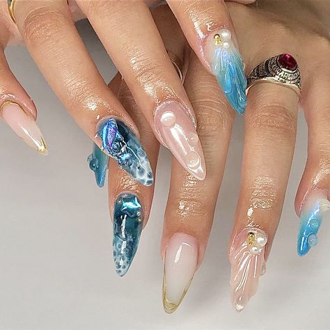 nailedbyvalz Mermaid Nail Designs, Blue Nail Design, Little Mermaid Nails, Seashell Nails, Mermaid Nail, Sea Nails, Nail Designs Ideas, Water Nails, Summery Nails