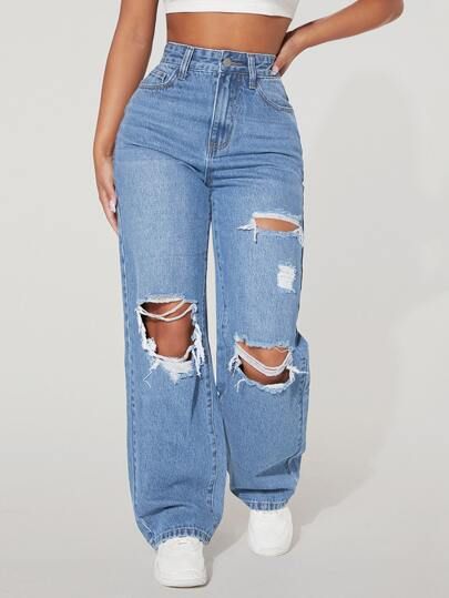 SHEIN PETITE High Waist Ripped Straight Leg Jeans | SHEIN Cute Ripped Jeans, Casual Denim Pants, Cute Pants, Outfit Jeans, Looks Black, Cute Jeans, Baggy Pants, Simple Trendy Outfits, Petite Jeans