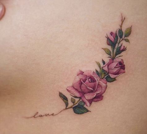 90 Tattoo, Rose Tattoo On Hip, Rose Vine Tattoos, Rose Tattoo With Name, Watercolor Rose Tattoos, Realistic Rose Tattoo, Pink Rose Tattoos, Flower Tattoo Ideas, Rose Tattoos For Women