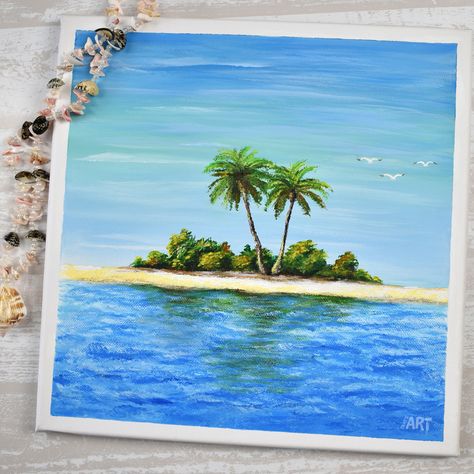 Acrylic painting of palm trees on a tropical island. How to paint the palm trees, sky and ocean. | Enjoy today's #acrylic painting video on my YouTube channel: That's Art | Canvas size: 30 x 30 cm | #palmtreepainting Island Painting Easy, Tropical Island Painting, Tropical Island Drawing, Kerala Scenery, Palm Tree Painting Acrylic, Beach Scenery Painting, Beach Paintings On Canvas, Painting Palm Trees, Island Drawing