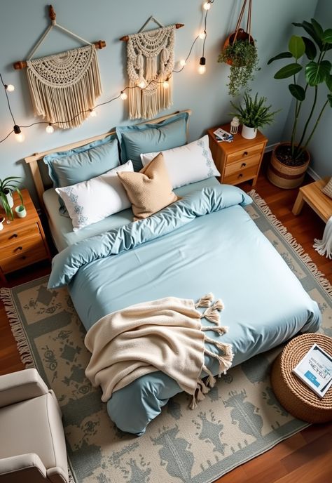 Light Blue Boho Bedroom Light Blue Apartment Bedroom, Boho Chic Bedroom Blue, Boho Beach Bedroom Aesthetic, Light Blue And Gold Bedroom Decor, Small Bedroom Ideas Blue, Dorm Room Designs Blue, Gold And Blue Bedroom, Dusty Blue Bedroom Ideas, Colourful Bedroom Aesthetic