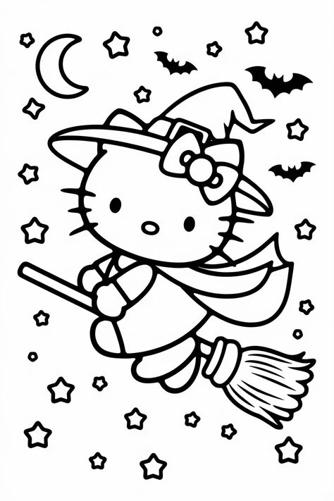 Hello Kitty Halloween Stencil, Coloring Pages For Halloween, Hello Kitty Desenhos, Colouring Book Aesthetic, Hello Kitty Coloring Sheets, Coloring Book Pages Aesthetic, Hello Kitty Coloring Book, Kida Disney, Witch On A Broomstick