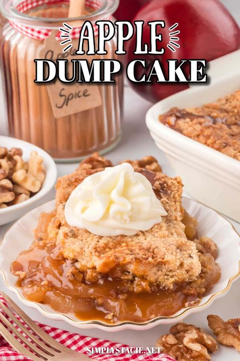 Apple Dump Cake This easy recipe is made with pie filling, caramel sauce, doctored cake mix and butter. Apple Dump Cake With Pie Filling, Doctored Cake Mix Recipes, Cake Mix Doctor, Doctor Cake, Apple Dump Cake, Simply Stacie, Apple Spice Cake, Apple Dump Cakes, Dump Cakes