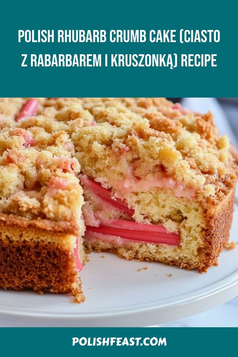 Polish Rhubarb Crumb Cake, or Ciasto z Rabarbarem i Kruszonką, is a beloved dessert in Poland, especially during the rhubarb season. This traditional Polish dessert combines the tartness of fresh rhubarb with a sweet, buttery crumb topping, all on a soft and fluffy cake base. Strawberry Rhubarb Cake, Rhubarb Coffee Cakes, Fresh Rhubarb, Polish Desserts, Crumb Cake Recipe, Fluffy Cake, Rhubarb Cake, Polish Christmas, Cake Base