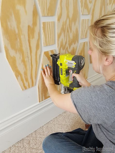 Plywood Accent Wall, Dollar Tree Storage Bins, Accent Wall Entryway, Accent Ceiling, Diy Hanging Shelves, Homemade Hamburger, Plywood Walls, Accent Wall Designs, Diy Accent Wall