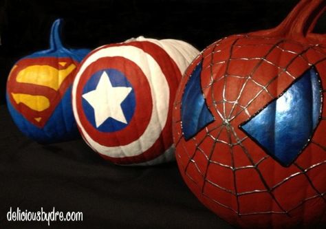 Superhero Pumpkins by Delicious by Dre and other cool pumpkin ideas Literary Pumpkins, Dekorasi Halloween, Pumpkin Decorating Contest, No Carve Pumpkin Decorating, Painting Pumpkins, Disney Pumpkin, Pumpkin Contest, Labu Halloween, Pumpkin Carvings