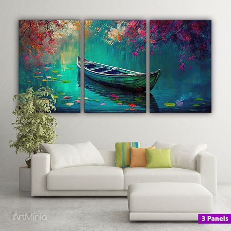 Lake With Flowers, Flowers Oil Painting, Beach Canvas Art, Canvas Set Of 3, Beach Canvas, Oil Painting Flowers, Multi Panel Canvas, Beautiful Wall Art, Canvas Set