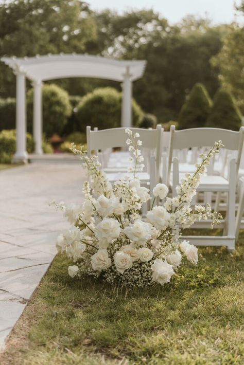 Ashley & Nathan | Saphire Event Group Wedding Ground Arrangement, Ground Flower Arrangement, Baby’s Breath Isle Wedding, Ceremony Entrance Flowers, White And Green Florals For Wedding, Babys Breath Aisle Flowers, Wedding Alter Florals, Aisle Floor Flowers, Ground Arrangements Ceremony