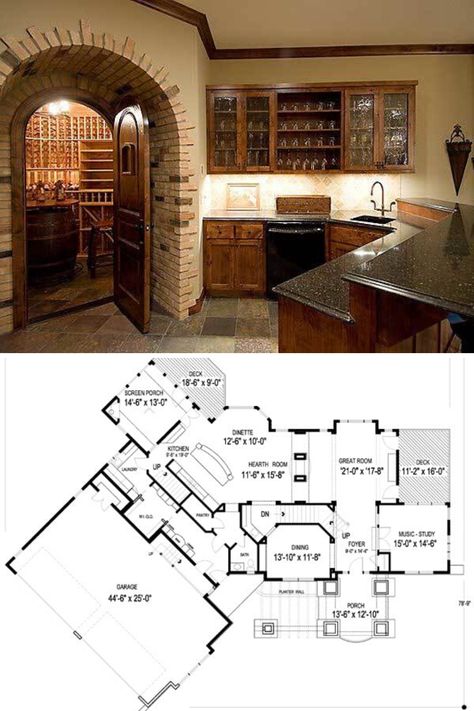 2 story New England style shingle house plan with 5 bedrooms and 4.5 bathrooms. Shown is the bar area with the wine cellar at the back. The 4873 sq ft shingle floor plan comes with photos of beautiful luxury interior design and decor. Home layout and blueprint at: https://www.architecturaldesigns.com/house-plans/new-england-inspired-knockout-20090ga?cjevent=a57a0abdc29111ea835900fc0a180514 File: New England House Plans, Shingle Style homes, & Shingle House Plans #2story #floorplan #houseplan New England Floor Plans, New England House Plans, Shingle House Plans, New England House, England House, Colonial Cottage, Home Layout, Shingle House, Traditional Staircase