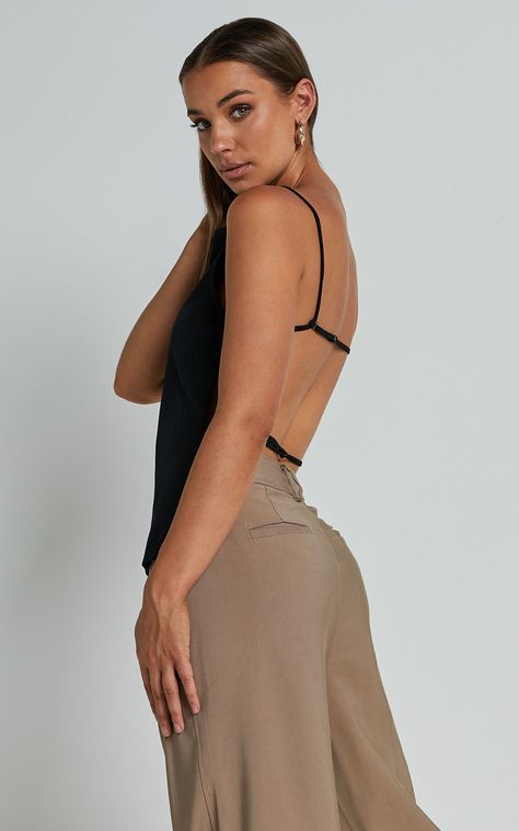 LIONESS - CAMILLE BACKLESS TOP in ONYX | Showpo USA Blouse Outfit Ideas, Cut Blouse, Backless Top, Straight Neckline, Vacation Outfits, Black Top, Feel Confident, Low Cut, Spring Summer Fashion