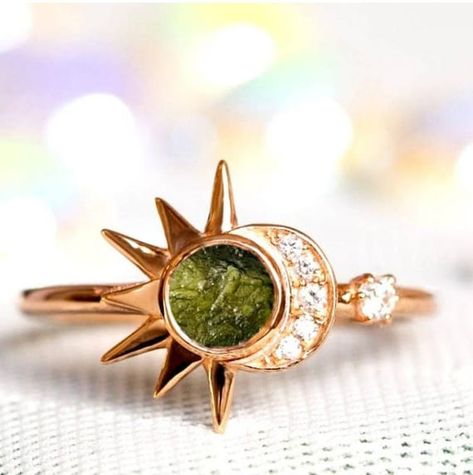 Check out this item in my Etsy shop https://www.etsy.com/in-en/listing/1231761593/natural-raw-moldavite-sun-and-moon Meteorite Ring Womens, Witchy Rings, Rings With Gemstones, Quirky Ring, Rough Gemstone Ring, Moldavite Ring, Crescent Ring, Fantasy Earrings, Mountain Ring