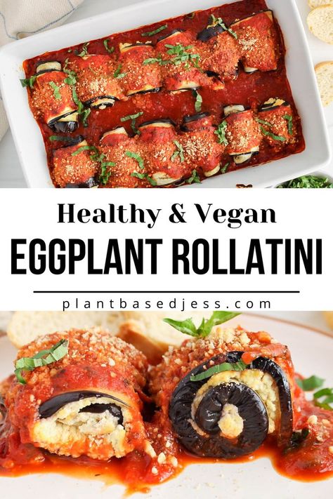 View on a vegan eggplant rollatini in a large baking dish and also 2 rolls on a plate. Eggplant Roll Ups, Vegetarian Eggplant Recipes, Gluten Free Italian Recipes, Vegan Eggplant Recipes, Eggplant Rollatini Recipe, Eggplant Recipes Healthy, Recipes Eggplant, Gluten Free Dairy Free Dinner, Recipe Eggplant