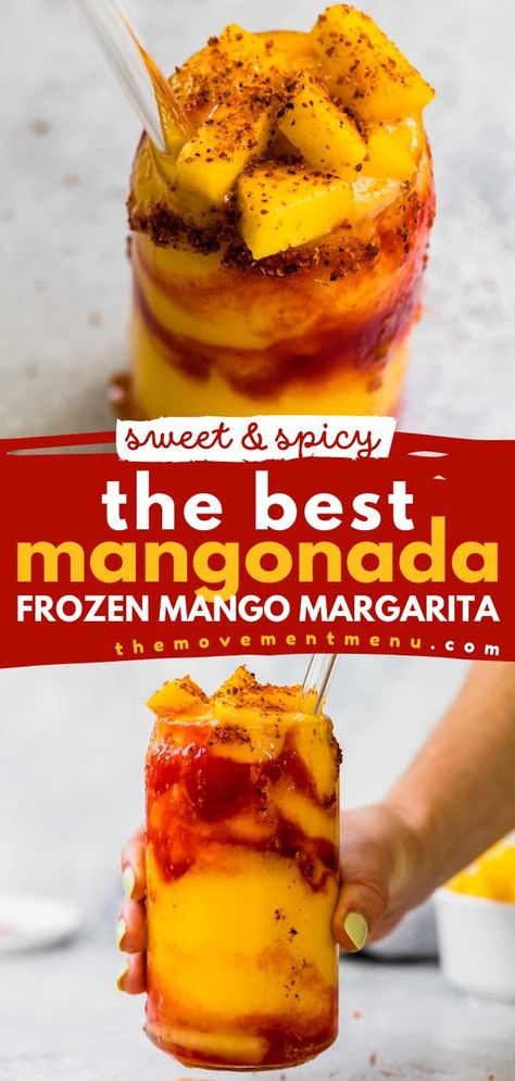 Want more party cocktails? Here's a cool drink to make at home! This Mexican beverage recipe lets you have the BEST Mangonada. Creamy, sweet, and spicy, this Frozen Mango Margarita will have you hooked! Check out how to keep it non-alcoholic! Mexican Alcoholic Drinks, Mangonada Recipe, Mango Margarita Recipe, Frozen Mango Margarita, Spicy Margarita Recipe, Chamoy Sauce, Mango Drinks, Spicy Drinks, Frozen Mango