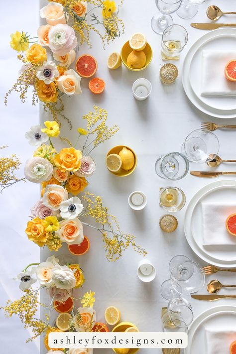 A summer citrus inspired tablescape with yellow flowers, orange and white flowers, and touches of citrus throughout! #tablescape #summertablescape #weddingtablescape #summerwedding #floralarrangement #summerflowers #weddingflowers Yellow Flower Arrangements, Summer Wedding Reception, Orange Wedding Flowers, Citrus Wedding, Yellow Wedding Flowers, Floral Business, Orange Table, Wedding Reception Inspiration, Organic Style