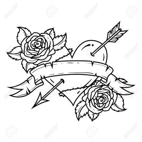 Rose With Ribbon Tattoo, Rose With Ribbon, Arrow Through Heart, Heart Ribbon, Tattoo Heart, Heart Piercing, Ribbon Tattoos, Flower Tattoo Arm, Text Tattoo