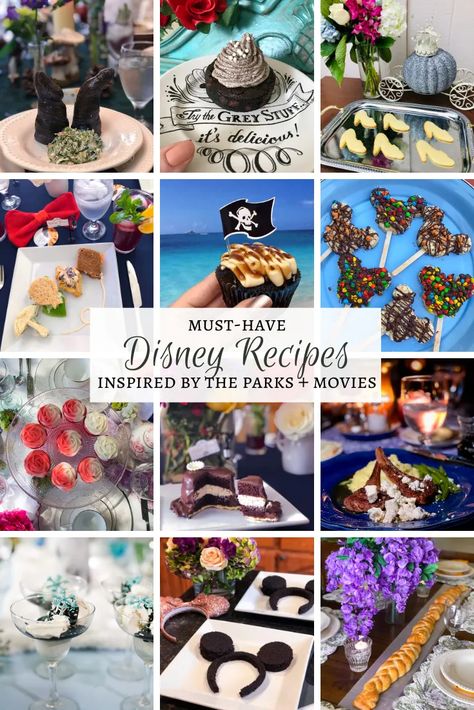 Must-Have Disney Recipes Disney Cookbook Recipes, Disney Party Ideas For Adults, Disney Dessert Recipes, Theme Dinners, Themed Meals, Disney Movie Night Food, Disney Baking, Disney Themed Food, Disney Parties