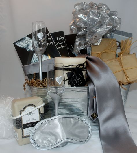 50 Shades of Grey Gifts - The Darkest Shade of Grey! Gray Color Party Basket, Grey Gift Basket Ideas, 50 Shades Grey, Basket Themes, Gift Basket Business, Honeymoon Bedroom, Grey Basket, Trunk Ideas, 50 Shades Darker