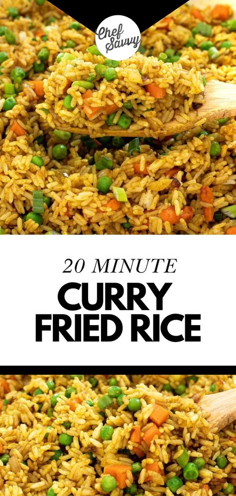 Save this Easy Curry Fried Rice Recipe! Take your Fried Rice up a notch with this Curry Fried Rice! The curry powder adds so much flavor and is a fun twist on traditional fried rice. This Curry Fried Rice is made with leftover white rice, peas, carrots and onions! It makes the perfect side dish to Asian or Indian food! Follow Chef Savvy for more Healthy Family Friendly Recipes! Coconut Curry Fried Rice, Rice Carrot Recipe, Easy Dinner Recipes Rice Bowls, Curried Fried Rice, Easy Indian Rice, White Rice And Vegetables, Homemade Rice A Roni Recipes, Indian Curry Rice, Curried Rice Recipes