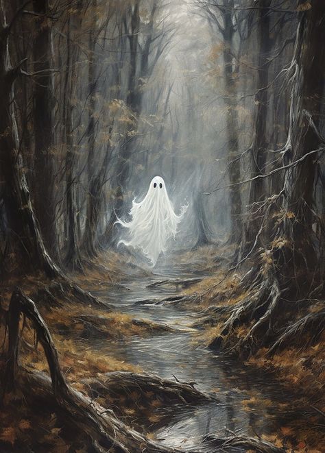 Eery Photos, Ghost Art Aesthetic, Spooky Path Drawing, Fall Esthetics, Warframe Concept, Landscape Ghost Painting, Ghost In The Woods Painting, Ghost Under Street Light Painting, Ghost Artwork