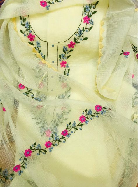 Embroidery On Yellow Suit, Lace Saree Designs, Sindhi Embroidery, Embroidery Jeans Diy, Brazilian Embroidery Stitches, Vintage Embroidery Transfers, Suit Embroidery, Fabric Painting On Clothes, Hand Painted Dress