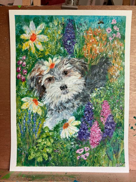 Excited to share this item from my #etsy shop: Custom Pet Portrait, Garden Flowers Original Acrylic Hand Painted Cat Dog Lizard Colored Pencil Portrait, Dog Portraits Art, Hand Painted Cat, Garden Watercolor, Whimsical Wall Art, Pet Portrait Painting, Dog Flower, Chalk Pastels, Affordable Art