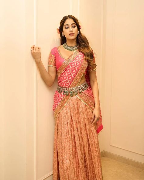 At the pre-wedding events of Radhika Merchant and Anant Ambani: Who wore what—from Alia Bhatt to Kiara Advani | Vogue India Pink Half Sarees, Lengha Blouse Designs, Radhika Merchant, Anant Ambani, Diwali Dresses, Janhvi Kapoor, South Indian Sarees, Indian Look, Indian Dresses Traditional