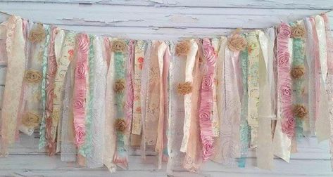 Rag Tie Banner, Shabby Chic Garland, Rag Banner, Rag Tie Garland, Shabby Chic Cakes, Pink Banner, Blue Shabby Chic, Rag Garland, Lace Background